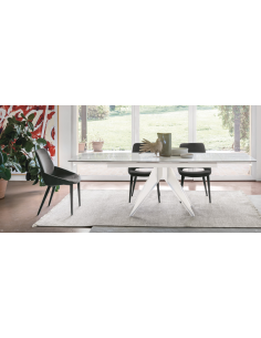 Tavolo allungabile con basamento in metallo Bianco 0108 e piano in gres porcellanato effetto marmo Carrara 3828