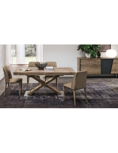 Tavolo allungabile con struttura in legno, piano ed allunghe in laminato effetto legno Rustico 1727.