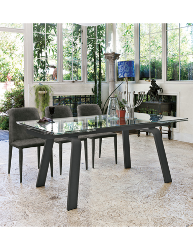 Tavolo allungabile con gamba in metallo verniciato Grafite 0122. Piano ed allunghe laterali in vetro temperato Trasparente 2001