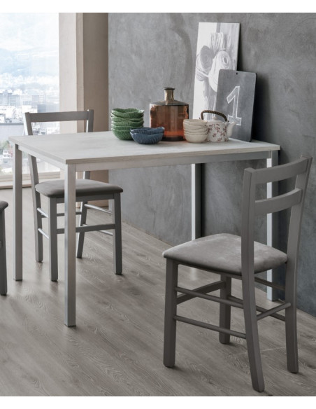 Tavolo fisso con struttura in metallo verniciato Argento
0140 e piano in laminato effetto legno Rustico bianco
1728.